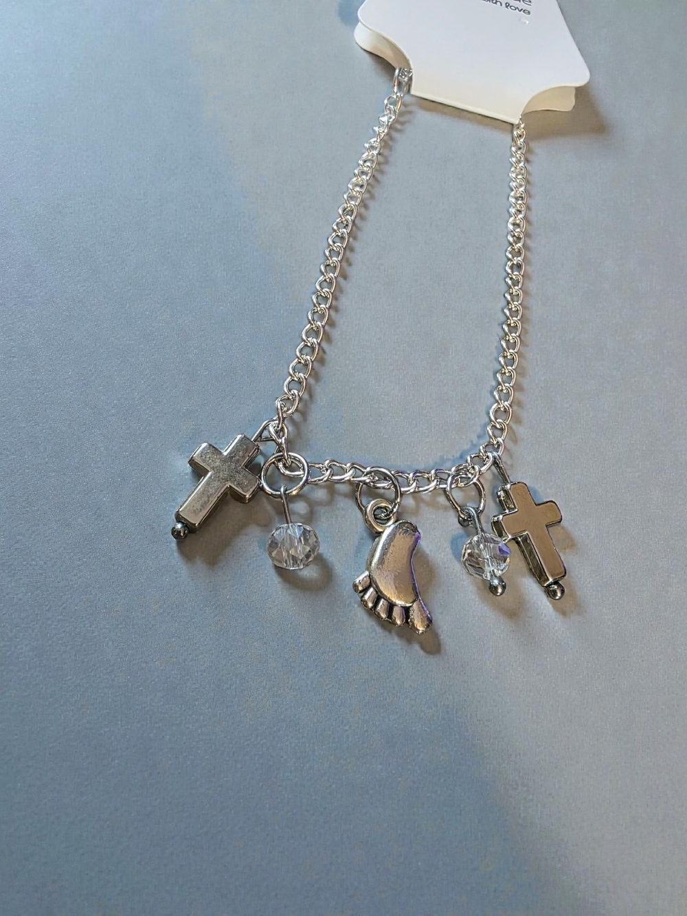Silver Charm Bracelet / Anklet with Crosses, Foot & Crystal Drops